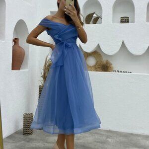 Size Small Blue Tulle Off- the-Shoulder Midi Dress with Bow Belt